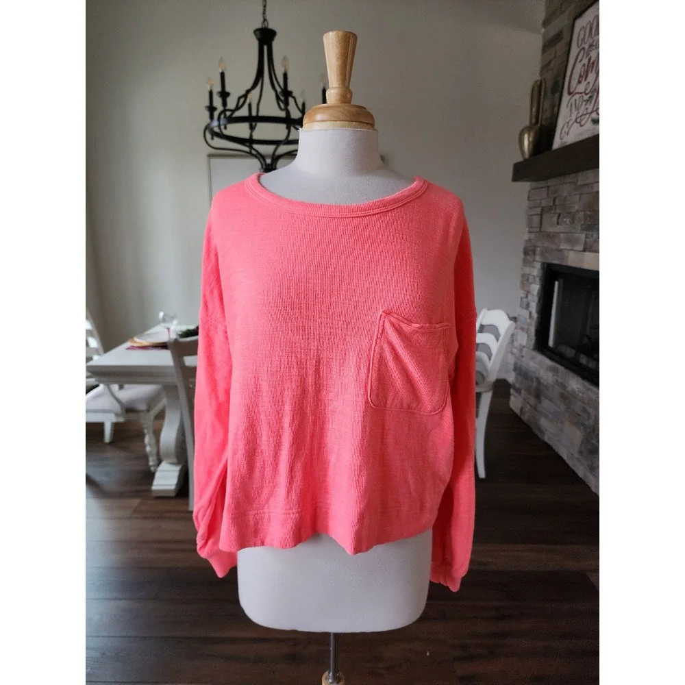 Aerie Coral‎ Pink Cropped Long Sleeve Pocket T Shirt Women Size S